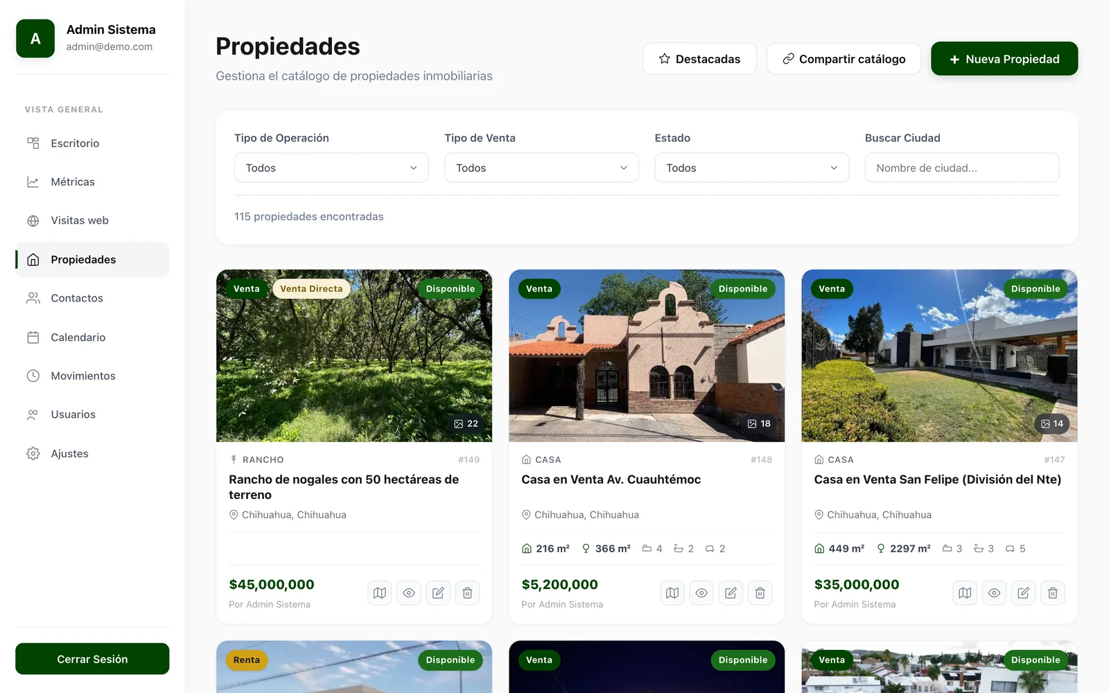 Property catalog in the Mythology Real Estate dashboard